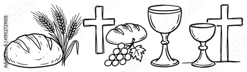 Holy Communion elements with bread grapes chalice wheat and crosses in hand drawn line art style