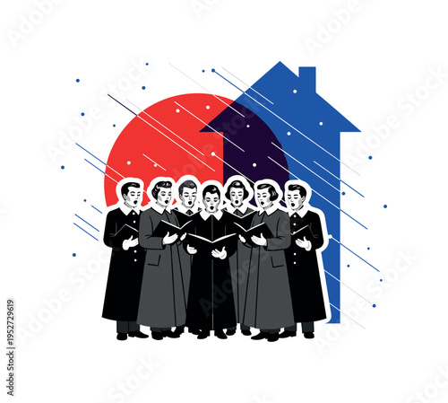 Black and white retro group of carolers in winter coats singing from an open songbook, bold red circular accent behind them like a festive moon, blue