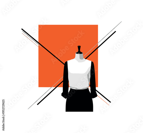 Black and white mannequin wearing simple timeless outfit, large orange geometric block offset behind emphasizing minimalism, subtle diagonal lines implying