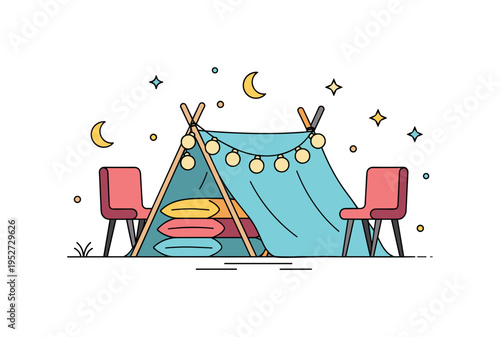 Evening blanket fort retreat illustrated by a small fabric canopy supported by chairs with layered pillows beneath and soft round light bulbs strung across the