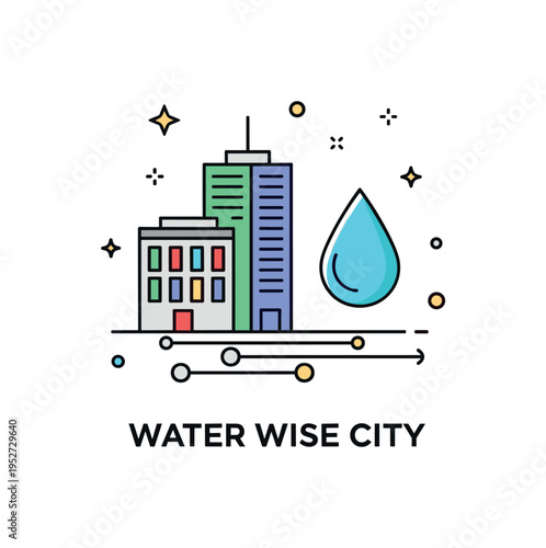 Green cities smart water management concept showing a minimal city block paired with a water droplet icon and subtle pipe lines beneath, expressing efficient