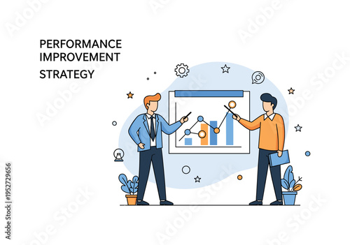 Performance improvement strategy illustration built around a consultant analyzing a chart with highlighted data points, expressing data driven decisions and