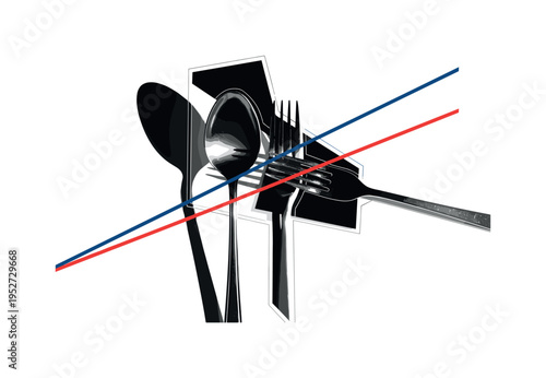 Black and white realistic spoon casting a strong shadow, shadow transformed into a bold geometric block, fork partially overlapping, thin diagonal lines adding