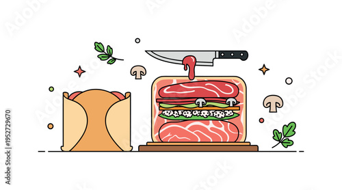Preparing beef tenderloin wrapped in prosciutto and mushroom duxelles illustrated with layered ingredients neatly arranged before wrapping in pastry,