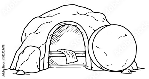 Resurrection empty tomb of Jesus with stone rolled away in hand drawn line art style