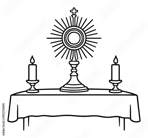 Monstrance and lit candles on altar table for adoration of the blessed sacrament in clean line art style