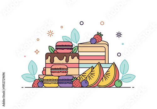 Fruit and dessert platter colorful mix of sliced cake, macarons and fresh fruit wedges arranged with light decorative leaves, conveying balance between