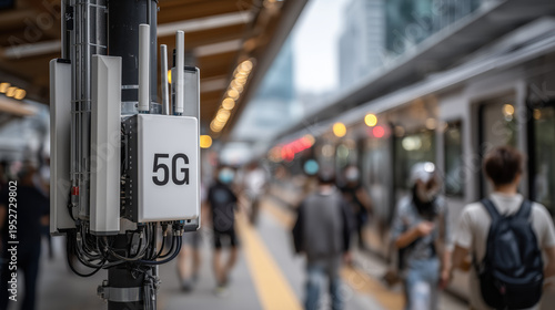 Modern telecommunication cellular network technology antenna equipment in outdoor scene at bustling train station passenger platform