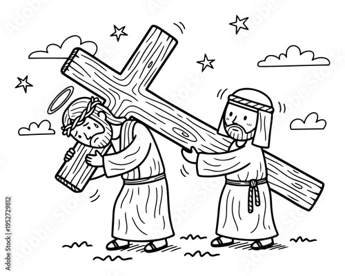 Konstfotografi Jesus Christ carrying the heavy wooden cross with Simon of Cyrene in cartoon doo