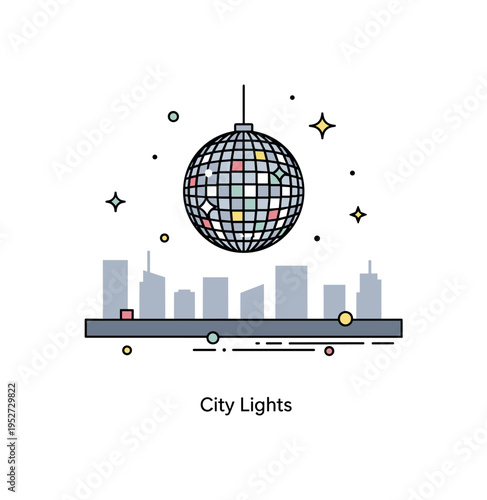 Disco ball rooftop celebration showing a mirrored sphere suspended against a simple city skyline silhouette, conveying summer nights and open-air gatherings. A