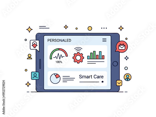 AI driven health dashboard concept centered on a tablet screen with personalized metrics and a small gear icon symbolizing smart algorithms. Clean geometric