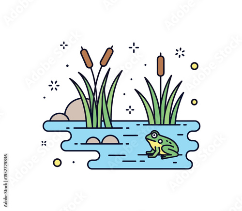 Wetland river habitat theme illustrated through a shallow water area with reeds and a small frog icon, expressing biodiversity in transitional aquatic zones.