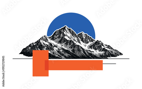 Highly detailed black and white alpine mountain engraving with fine vintage etching lines, realistic cut-out landscape with crisp white outline, oversized