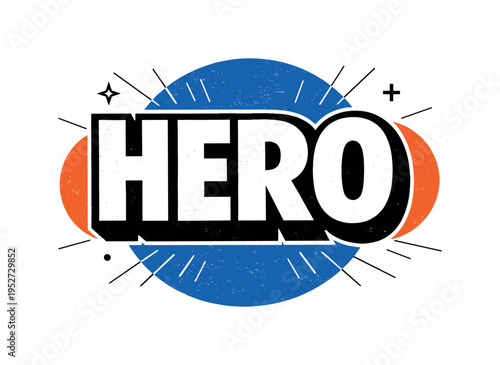 Black and white bold uppercase hero word centered as dominant typographic element, retro print grain texture, deep blue circular halo positioned behind the