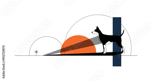 Black and white side silhouette of dog with elongated shadow, oversized orange semicircle intersecting the shadow area like low sun, thin navy vertical block