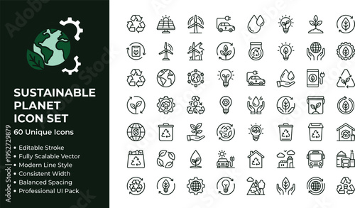 Sustainable Planet Line Icon Set Featuring Renewable Energy Ecology Recycling Environment And Green Technology For Eco Friendly Projects