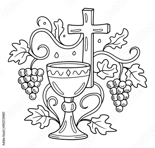 Holy communion chalice with cross and grapevine decoration in linear style