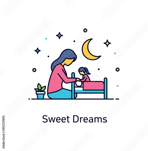 Mom comforting child bedtime reassurance scene featuring a mother silhouette sitting beside a small bed icon with a crescent moon above, expressing calm
