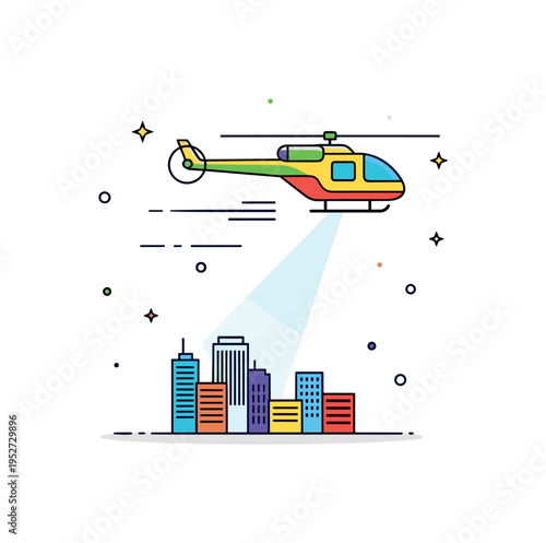 Helicopter pursuit above a small city skyline representing coordinated tracking and rapid response. Subtle spotlight beam and motion accents highlight tension