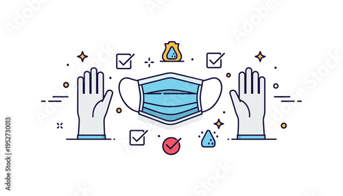 Protective medical equipment concept built around a face mask and disposable gloves arranged symmetrically with small checkmark accents to symbolize compliance