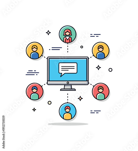 Virtual meeting discussion featuring a central screen icon with multiple profile circles connected by subtle lines, symbolizing online connection and shared