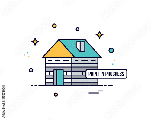 Additive construction technology small house form with visible layered wall lines and a subtle Print in Progress label, symbolizing automated building and