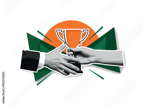 Black and white close-up of two hands exchanging a trophy, bright orange semicircle centered between them, dark green angular fragments and thin linear beams