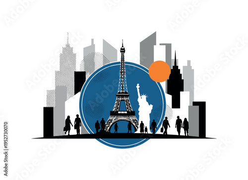 monochrome iconic city monument silhouette combined with walking tourists in foreground, deep blue circular frame anchoring layout, flat geometric blocks
