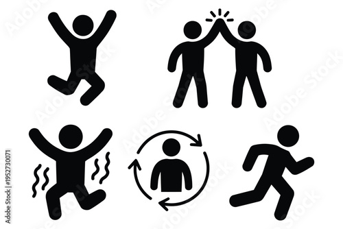 Energetic people vector icons, solid style pictograms of movement and action, with man jumping for joy, high five for teamwork, running for fitness, and workflow cycle illustrations, suitable for prod