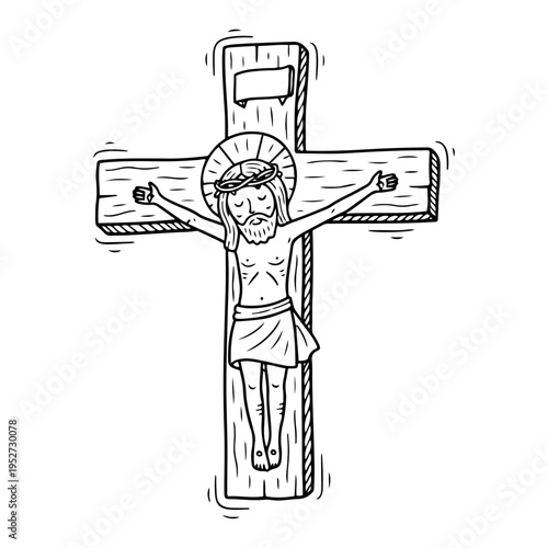 Jesus Christ crucifixion on wooden cross in hand drawn doodle style