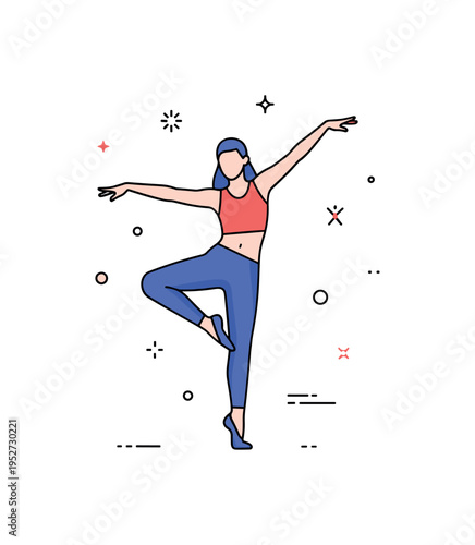 Contemporary dance equilibrium showing a modern performer balancing on one leg with a slightly tilted torso and expressive arm gesture, capturing creativity