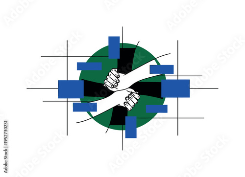 Black and white intertwined hands forming a supportive gesture, large deep green circular backdrop reinforcing unity, cobalt blue rectangular accents arranged