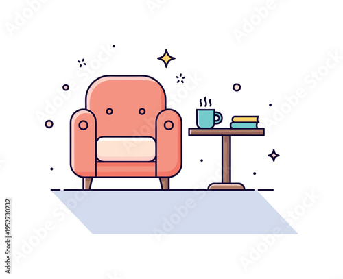 Cozy cafe corner showing a single armchair beside a small table with a steaming mug. Soft shadowing and gentle sparkle accents communicate warmth, relaxation