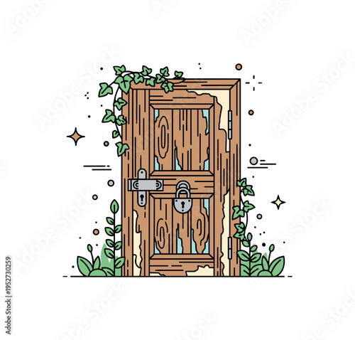 Rustic wooden door with peeling paint and a vintage lock, surrounded by ivy and small plants, emphasizing charm, age, and natural integration. Minimalist flat