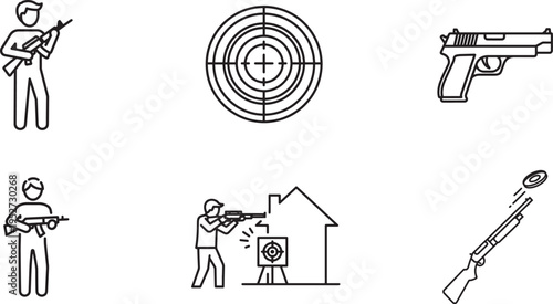 A collection of line art icons depicting various shooting range activities and different firearms