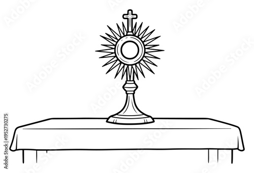 Monstrance for blessed sacrament adoration on altar table in clean line art style
