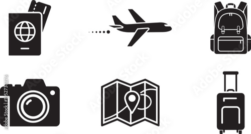 A collection of black icons representing essential items for international travel and exploration
