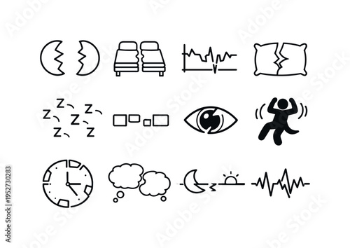 Fragmented Sleep. Line icon set of Fragmented Sleep: broken moon phases, split bed sections, interrupted sleep graph, cracked pillow, scattered Z symbols,