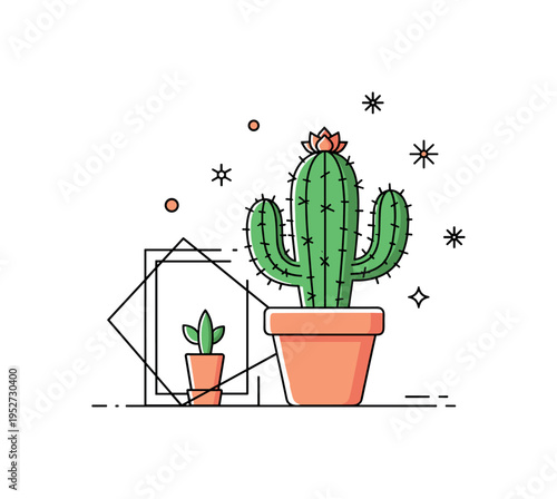 Cactus home decor theme featuring a potted cactus placed beside a small geometric frame, conveying modern interior style and trendy plant aesthetics. A fresh