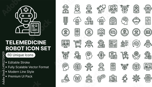 Telemedicine robot line icon set with healthcare automation virtual medical assistants remote care technology and hospital service symbols