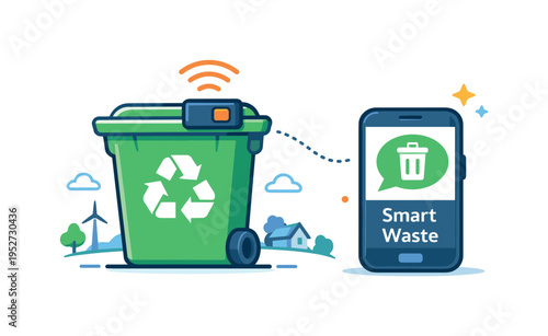 Smart waste monitoring for rural infrastructure a compact sensor device attached to a recycling bin sending a signal to a small mobile phone icon labeled Smart