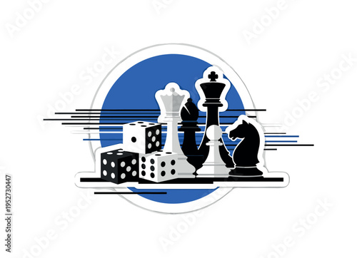 Black and white collage of classic board game elements ? dice and chess pieces ? centered in composition, bold blue geometric circle behind them,