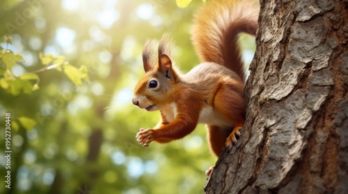 A photo of a squirrel climbing a tree.