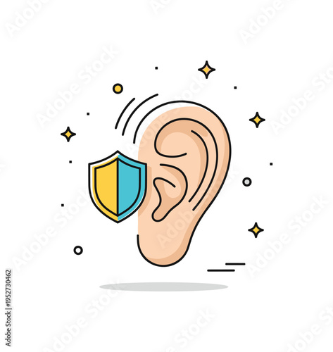 Noise sensitivity illustration showing an ear with subtle shield outline symbolizing protection, awareness, and mindful listening in busy environments. The