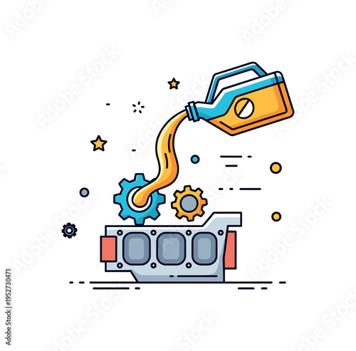 Engine lubrication oil can pouring a smooth stream onto moving gears inside a simplified engine block. A small educational badge about reducing friction and
