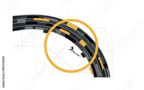 monochrome aerial view of runner on curved track, bold mustard yellow circular frame anchoring layout, abstract flat blocks arranged as lane markings, fine