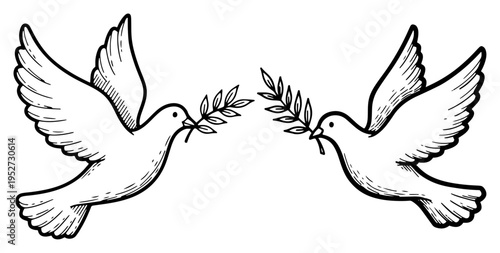Doves of peace with olive branches in hand drawn line art style