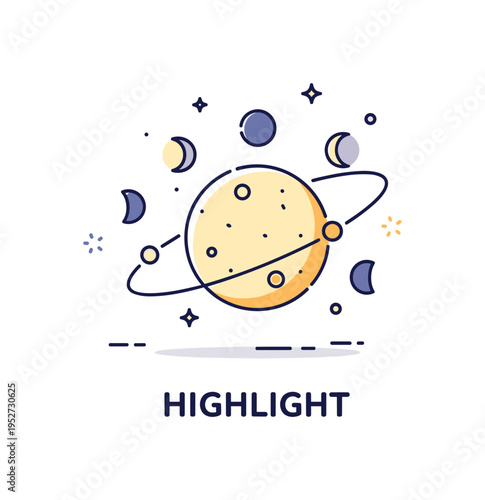 Full moon highlight concept featuring a large glowing moon icon with smaller phase symbols subtly orbiting around it, expressing prominence, illumination, and