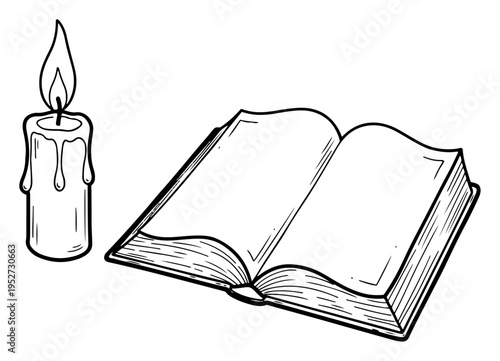 Holy bible book and burning candle in hand drawn line art style