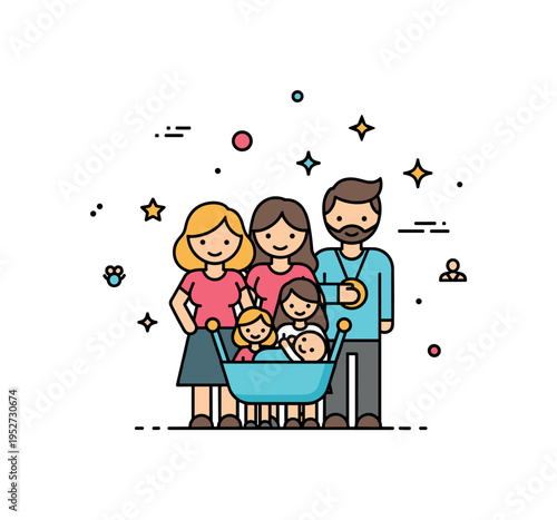 New baby celebration proud family figures around a small cradle with gentle star accents, representing growth, joy and meaningful family expansion. Minimalist